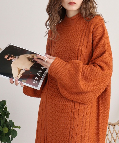 セール】myke ケーブル編みニット ハイネックワンピース（ワンピース