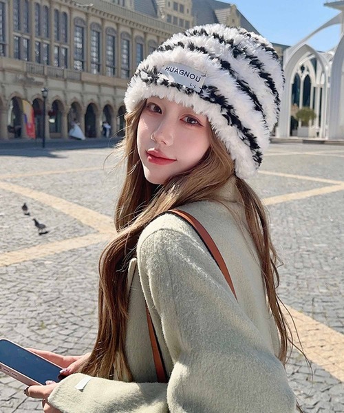 セール】ボーダー柄ボアニットキャップ（ニットキャップ/ビーニー