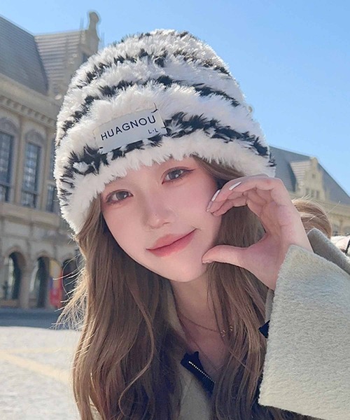 セール】ボーダー柄ボアニットキャップ（ニットキャップ/ビーニー