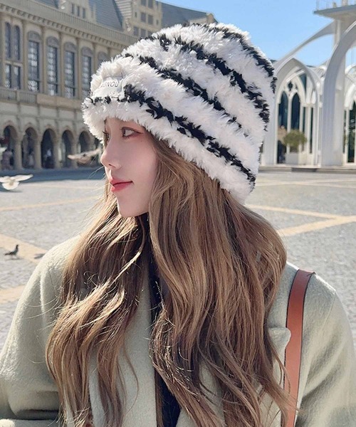 セール】ボーダー柄ボアニットキャップ（ニットキャップ/ビーニー