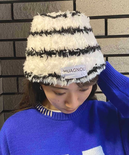 セール】ボーダー柄ボアニットキャップ（ニットキャップ/ビーニー