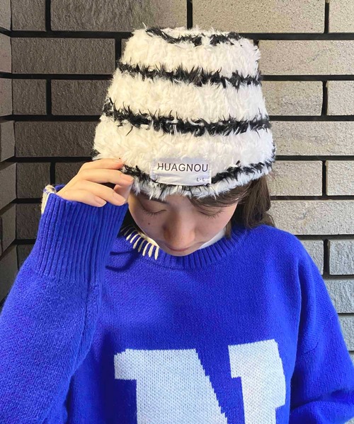 セール】ボーダー柄ボアニットキャップ（ニットキャップ/ビーニー