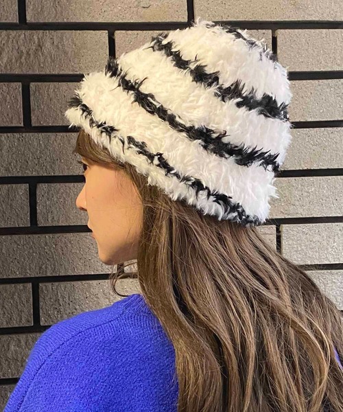 セール】ボーダー柄ボアニットキャップ（ニットキャップ/ビーニー