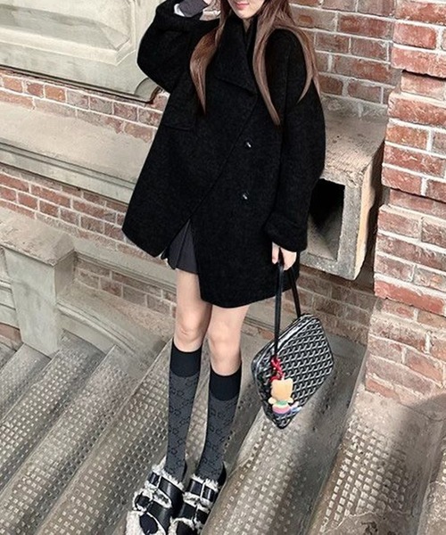 LYEON(リヨン)の「フェイクウールノーカラーコート/モッサコート(ノーカラーコート・レディース・ブラック/グレー/ベージュ・FREE)」の2枚目の写真