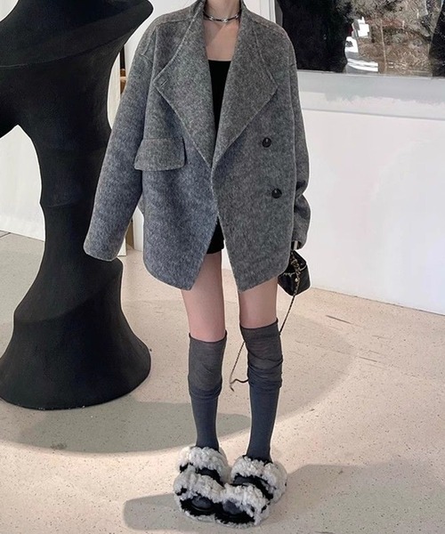 LYEON(リヨン)の「フェイクウールノーカラーコート/モッサコート(ノーカラーコート・レディース・ブラック/グレー/ベージュ・FREE)」の18枚目の写真