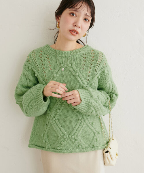 ポンポンニットセーター ヴィンテージ レトロ 古着 アイボリー 雰囲気 昭和レトロ カーディガン ゆるだぼ 厚手 古着 年代物