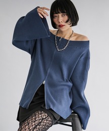 ワイドクルーネックジップニット