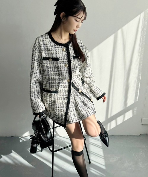 one after another NICE CLAUP(ワンアフターアナザーナイスクラップ)の「WEB限定/ツイードミニスカート(スカート・レディース・ホワイト×ブラック/アイボリー/ブラック・MEDIUM/SMALL)」の8枚目の写真