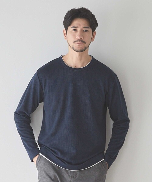 UNION STATION（ユニオンステーション）の「ウェーブジャガード柄フェイクレイヤードクルーTee（スウェット・メンズ・ネイビー/グレー/ネイビー系・L/LL/M）」の4枚目の写真