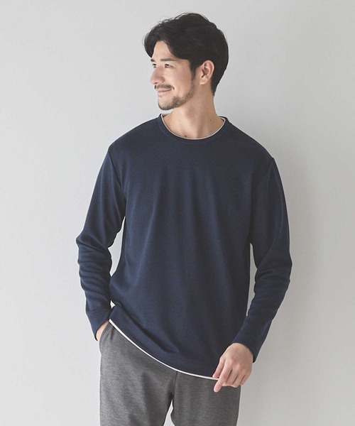 UNION STATION(ユニオンステーション)の「ウェーブジャガード柄フェイクレイヤードクルーTee(Tシャツ/カットソー・メンズ・ネイビー/グレー/ネイビー系・L/LL/M)」の1枚目の写真