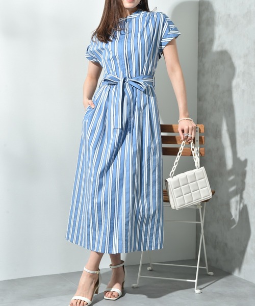 INTERPLANET（インタープラネット）の「ストライプ半袖シャツワンピース（ワンピース・レディース・サックスブルー/ブルー・FREE）」の8枚目の写真
