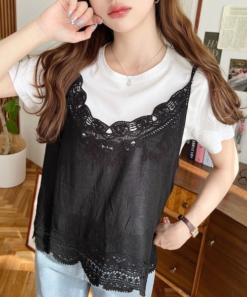 テープチュール刺繍キャミブラウス NANO universe ブラウス シャツ テープ刺繍チュール前後2way