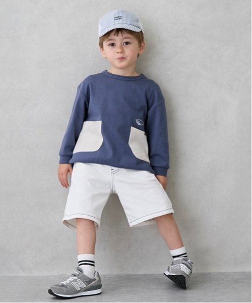 petit main（プティマイン）の「ペインターハーフパンツ（デニムパンツ・キッズ・オフホワイト/ブルー/チャコール・100cm/110cm/90cm/130cm/120cm/80ｃｍ）」の2枚目の写真