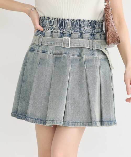 earth music&ecology（アースミュージックアンドエコロジー）の「デニムプリーツスカパン（デニムスカート・レディース・ベージュ/インディゴブルー・S/M）」の3枚目の写真