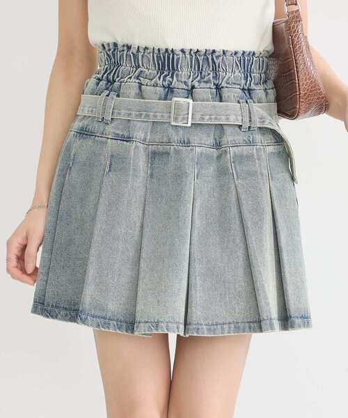 earth music&ecology（アースミュージックアンドエコロジー）の「デニムプリーツスカパン（デニムスカート・レディース・ベージュ/インディゴブルー・S/M）」の4枚目の写真
