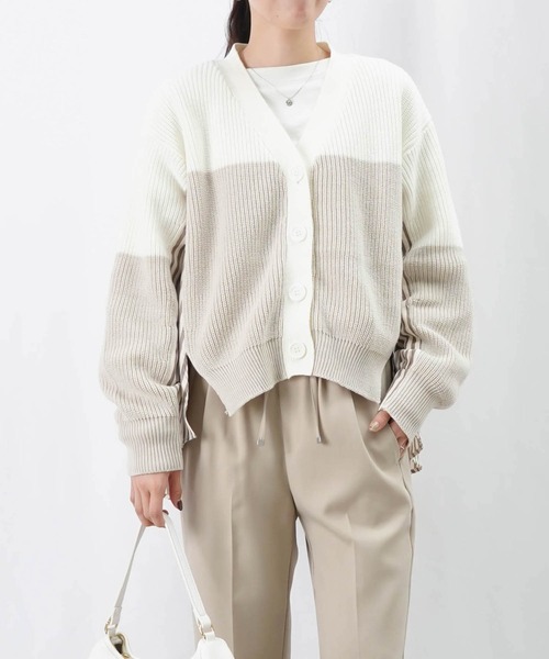 LUCA/LADY LUCK LUCA（ルカ/レディラックルカ）の「LC/LLL ドッキングカーディガン/ストライプ切替カーディガン（ニット/セーター・レディース・ベージュ/ネイビー・FREE）」の5枚目の写真