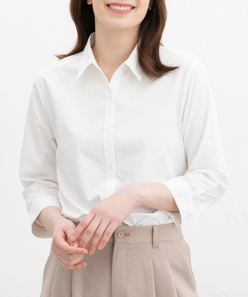 Honeys(ハニーズ)の「【らくらくアイロン】らくらく7分袖スキッパーシャツ(ビジネスシャツ・レディース・ホワイト×グレー/グレイッシュブルー/パープル系その他/ホワイト/ブルー系その他3・3L/L/LL/M/S)」の2枚目の写真