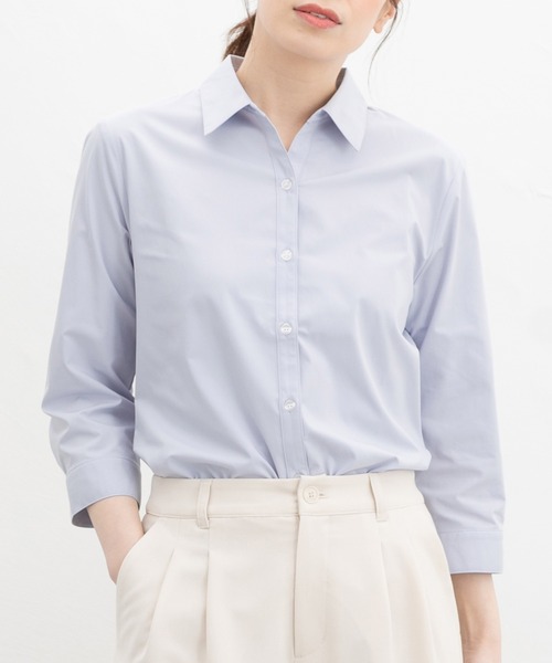Honeys(ハニーズ)の「【らくらくアイロン】らくらく7分袖スキッパーシャツ(ビジネスシャツ・レディース・ホワイト×グレー/グレイッシュブルー/パープル系その他/ホワイト/ブルー系その他3・3L/L/LL/M/S)」の3枚目の写真