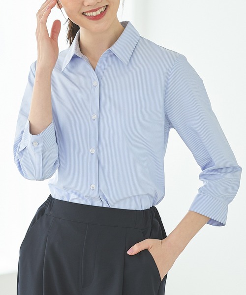 Honeys(ハニーズ)の「【らくらくアイロン】らくらく7分袖スキッパーシャツ(ビジネスシャツ・レディース・ホワイト×グレー/グレイッシュブルー/パープル系その他/ホワイト/ブルー系その他3・3L/L/LL/M/S)」の4枚目の写真