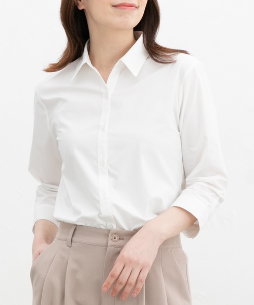 Honeys(ハニーズ)の「【らくらくアイロン】らくらく7分袖スキッパーシャツ(ビジネスシャツ・レディース・ホワイト×グレー/グレイッシュブルー/パープル系その他/ホワイト/ブルー系その他3・3L/L/LL/M/S)」の8枚目の写真