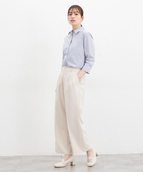 Honeys(ハニーズ)の「【らくらくアイロン】らくらく7分袖スキッパーシャツ(ビジネスシャツ・レディース・ホワイト×グレー/グレイッシュブルー/パープル系その他/ホワイト/ブルー系その他3・3L/L/LL/M/S)」の9枚目の写真