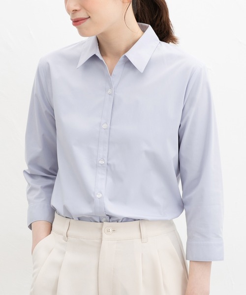 Honeys(ハニーズ)の「【らくらくアイロン】らくらく7分袖スキッパーシャツ(ビジネスシャツ・レディース・ホワイト×グレー/グレイッシュブルー/パープル系その他/ホワイト/ブルー系その他3・3L/L/LL/M/S)」の10枚目の写真