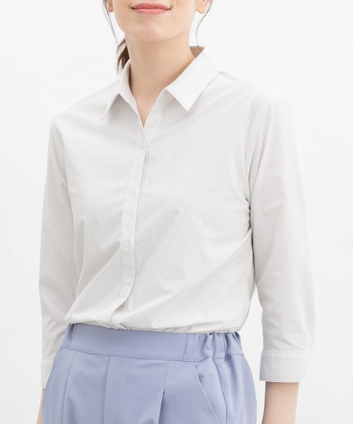 Honeys(ハニーズ)の「【らくらくアイロン】らくらく7分袖スキッパーシャツ(ビジネスシャツ・レディース・ホワイト×グレー/グレイッシュブルー/パープル系その他/ホワイト/ブルー系その他3・3L/L/LL/M/S)」の14枚目の写真