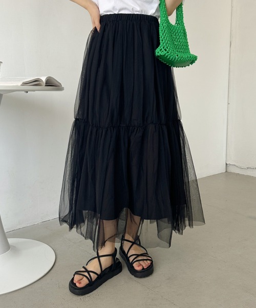 【新品未使用】yori たっぷりフリルシアースカート ブラック 38 セール】シアーチュールロングフレアスカート（スカート）｜CLEA