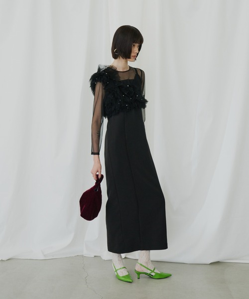 ANDRESD ミモレ丈&袖ありフォーマルフリルパールビスチェ2点セット ANDRESD ミモレ丈&袖ありフォーマルフリルパールビスチェ2点セット