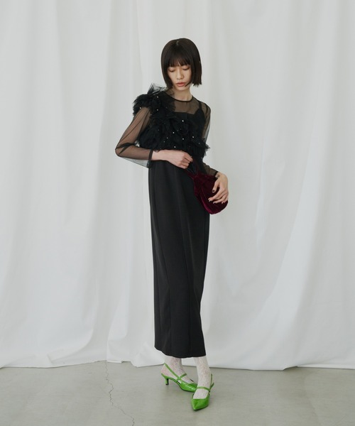 ANDRESD ミモレ丈&袖ありフォーマルフリルパールビスチェ2点セット パールビスチェドレス / pearl bustier dress（ドレス）｜ANDRESD