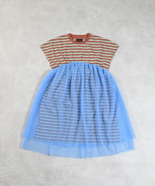 MARKEY'S（マーキーズ）の「先染めボーダーチュールドッキングワンピース（ワンピース・キッズ・ライトピンク/オフホワイト/ブラウン・130/120/110/100/90/150/140）」の2枚目の写真