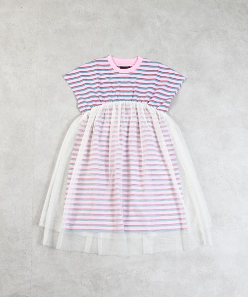 MARKEY'S（マーキーズ）の「先染めボーダーチュールドッキングワンピース（ワンピース・キッズ・ライトピンク/オフホワイト/ブラウン・130/120/110/100/90/150/140）」の3枚目の写真