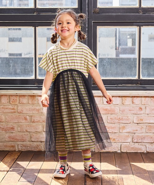 MARKEY'S（マーキーズ）の「先染めボーダーチュールドッキングワンピース（ワンピース・キッズ・ライトピンク/オフホワイト/ブラウン・130/120/110/100/90/150/140）」の5枚目の写真