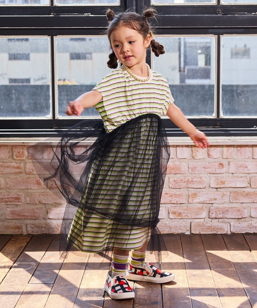 MARKEY'S（マーキーズ）の「先染めボーダーチュールドッキングワンピース（ワンピース・キッズ・ライトピンク/オフホワイト/ブラウン・130/120/110/100/90/150/140）」の8枚目の写真