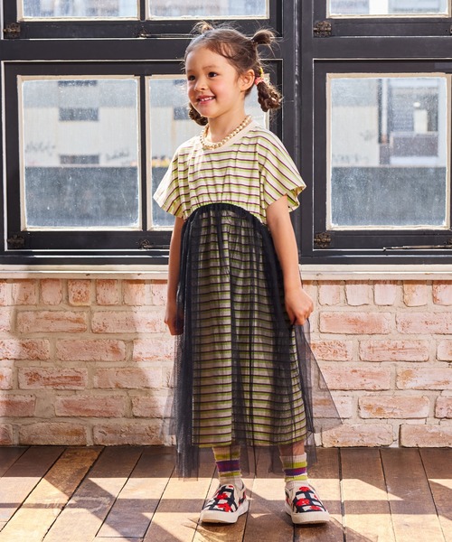 MARKEY'S（マーキーズ）の「先染めボーダーチュールドッキングワンピース（ワンピース・キッズ・ライトピンク/オフホワイト/ブラウン・130/120/110/100/90/150/140）」の6枚目の写真