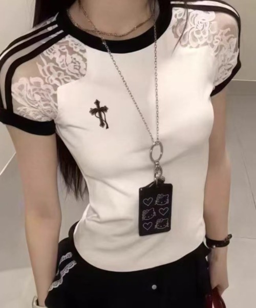 レース付きTシャツ セール】裏地付きレーストップス（Tシャツ/カットソー