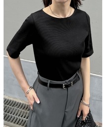 Re:EDIT（リエディ）の「[選べるネックデザイン][全骨格きれい見え]テレコリブ5分袖トップス（Tシャツ/カットソー）」