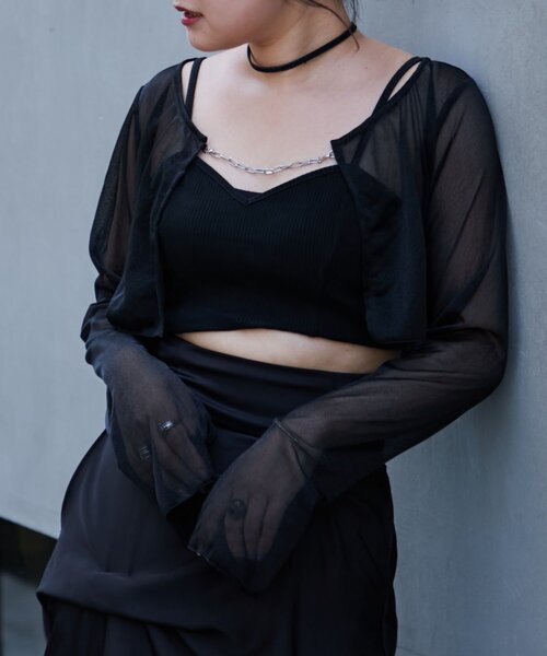 Mavie..7（メヴィセットゥ）の「【Mavie..7】フロントチェーンシアーカーデ（Tシャツ/カットソー・レディース・ブラック/オフホワイト・FREE）」の11枚目の写真