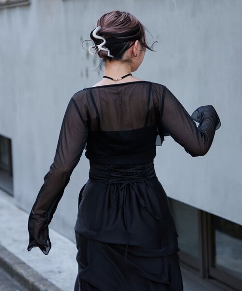 Mavie..7（メヴィセットゥ）の「【Mavie..7】フロントチェーンシアーカーデ（Tシャツ/カットソー・レディース・ブラック/オフホワイト・FREE）」の16枚目の写真