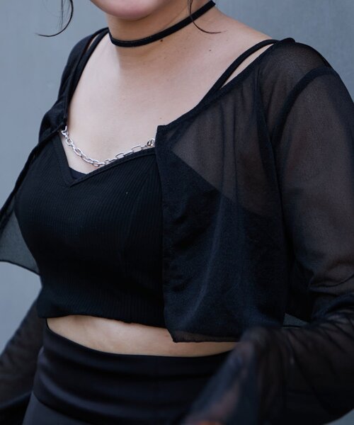 Mavie..7（メヴィセットゥ）の「【Mavie..7】フロントチェーンシアーカーデ（Tシャツ/カットソー・レディース・ブラック/オフホワイト・FREE）」の19枚目の写真