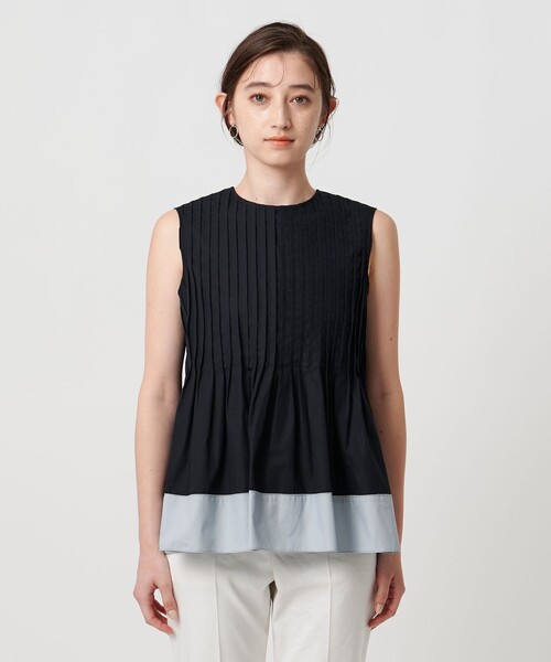 MUVEIL◆ノースリーブブラウス/38/コットン/BLK コットンシルク シルキータックノースリーブブラウス