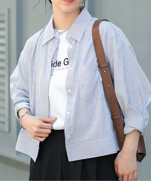 袖タック7分袖ストライプシャツ