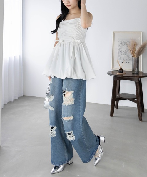 clear（クリア）の「ダメージワイドデニムパンツ[着回し力抜群 大人 カジュアル]≪SS新作≫（デニムパンツ・レディース・ブラック/ブルー・F）」の5枚目の写真