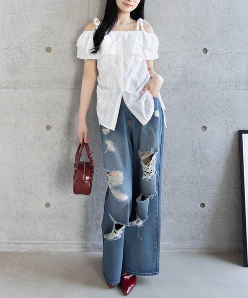 clear（クリア）の「ダメージワイドデニムパンツ[着回し力抜群 大人 カジュアル]≪SS新作≫（デニムパンツ・レディース・ブラック/ブルー・F）」の6枚目の写真