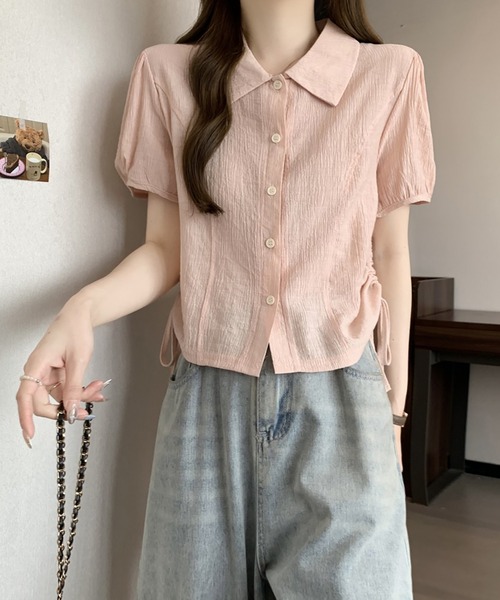 セール】サイドシャーリングギャザー半袖ブラウス（シャツ