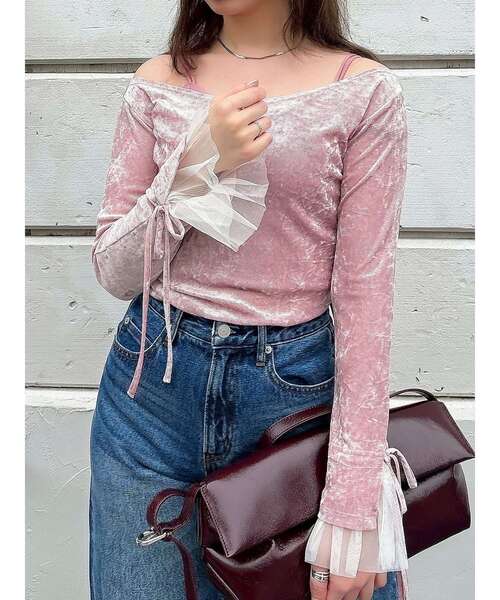 dazzlin（ダズリン）の「シアーベロアレイヤードトップス（Tシャツ/カットソー・レディース・ピンク/イエロー/ブラック/ブラウン・FREE）」の4枚目の写真