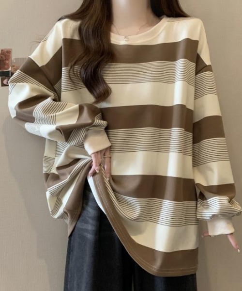 cammie(キャミー)の「ボーダーワイドシルエットカットソートップス(Tシャツ/カットソー・レディース・モカ/ブラック・M/L)」の2枚目の写真