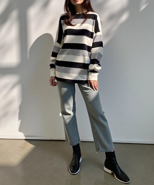 cammie(キャミー)の「ボーダーワイドシルエットカットソートップス(Tシャツ/カットソー・レディース・モカ/ブラック・M/L)」の7枚目の写真