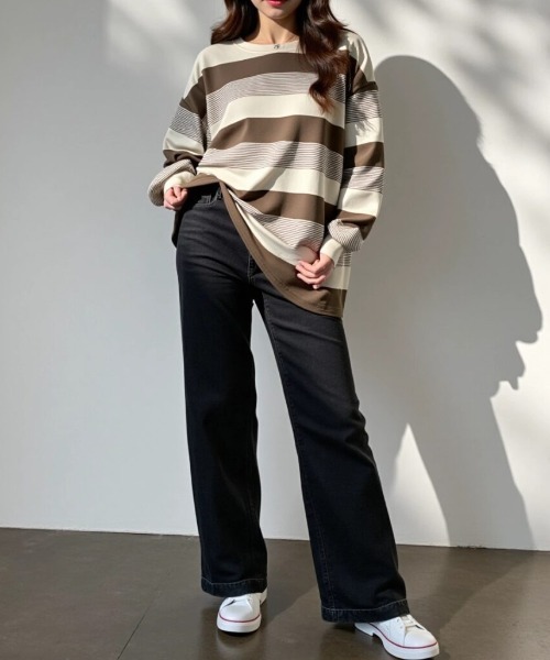 cammie(キャミー)の「ボーダーワイドシルエットカットソートップス(Tシャツ/カットソー・レディース・モカ/ブラック・M/L)」の12枚目の写真