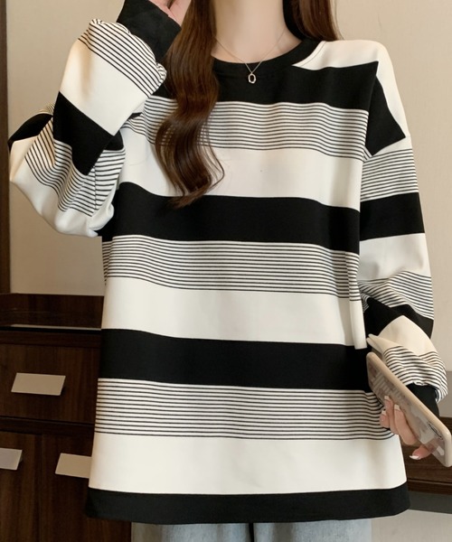 cammie(キャミー)の「ボーダーワイドシルエットカットソートップス(Tシャツ/カットソー・レディース・モカ/ブラック・M/L)」の6枚目の写真